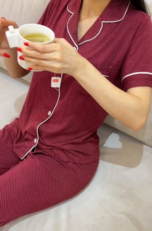 Pyjama Chemise Demi Manches Coton Rouge Pointillé en Blanc – Image 3