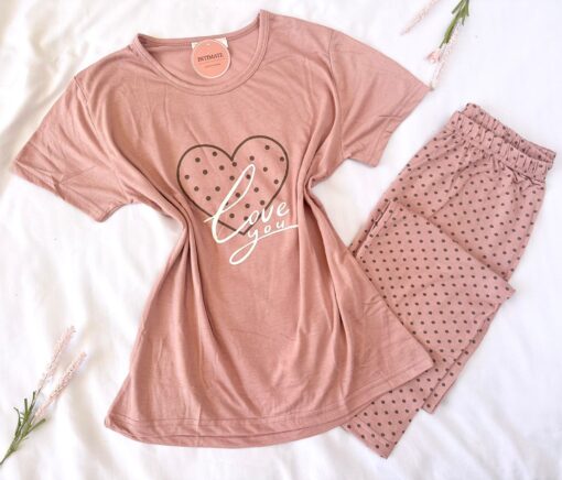 Pyjama Demi Manches Coton Rose Pointillé en Noir – Image 1