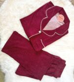 Pyjama Chemise Demi Manches Coton Rouge Pointillé en Blanc