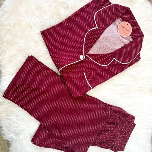 Pyjama Chemise Demi Manches Coton Rouge Pointillé en Blanc