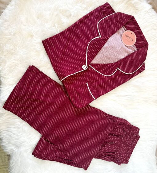 Pyjama Chemise Demi Manches Coton Rouge Pointillé en Blanc – Image 1