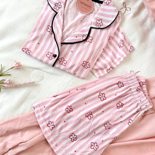 Pyjama Chemise et Short Coton Rose Rayé