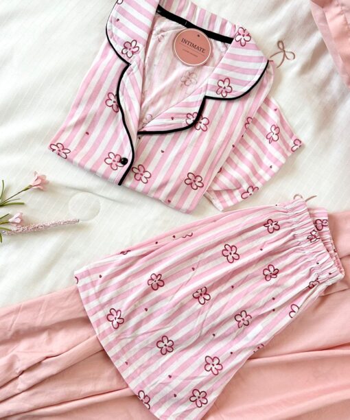 Pyjama Chemise et Short Coton Rose Rayé
