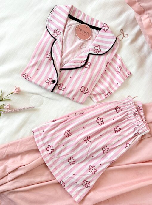 Pyjama Chemise et Short Coton Rose Rayé – Image 1