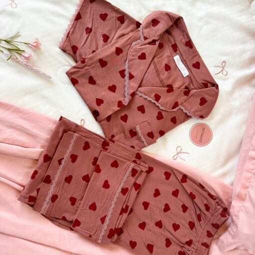 Pyjama Chemise Rose Nude Imprimé Cœurs