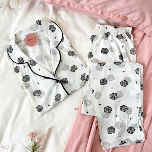 Pyjama Chemise Blanc Imprimé Fleurs
