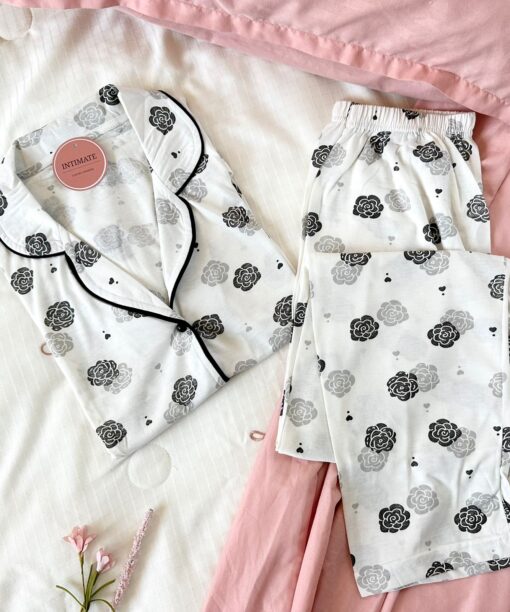 Pyjama Chemise Blanc Imprimé Fleurs