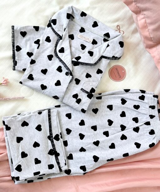 Pyjama Chemise Gris Imprimé Cœurs