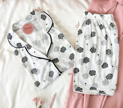 Pyjama Chemise et Short Coton Blanc Imprimé Fleurs – Image 1