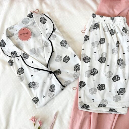 Pyjama Chemise et Short Coton Blanc Imprimé Fleurs