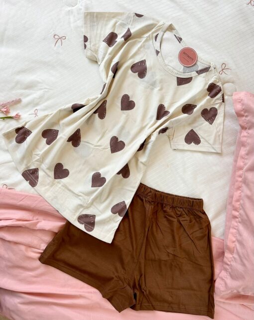 Pyjama Short Demi Manches Coton Beige & Marron – Image 1