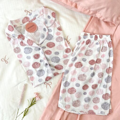 Pyjama Chemise et Short Coton Blanc Imprimé Cercles Multicolores