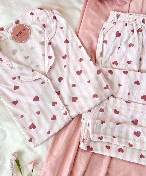 Pyjama Chemise Blanc & Rose Rayé Imprimé Cœurs Rose