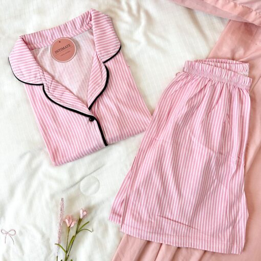 Pyjama Chemise et Short Coton Rose & Blanc Rayé – Image 1