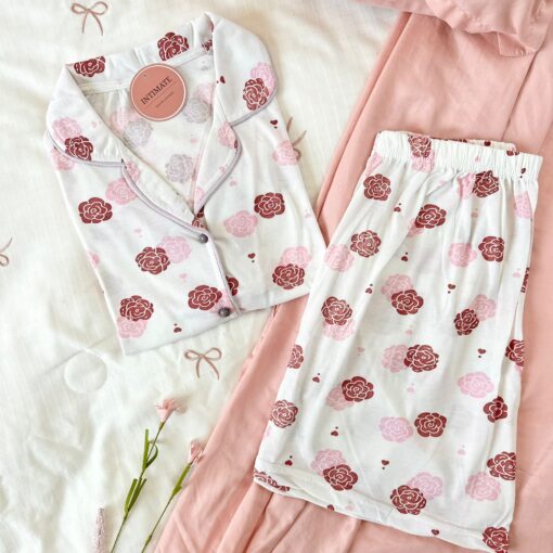Pyjama Chemise et Short Coton Blanc Imprimé Fleurs