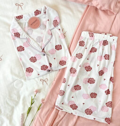 Pyjama Chemise et Short Coton Blanc Imprimé Fleurs – Image 1