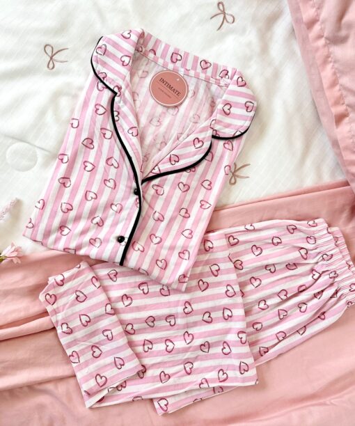 Pyjama Chemise Blanc & Rose Rayé Imprimé Cœurs