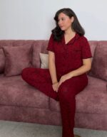 Pyjama Chemise Rouge Bordeaux  Imprimé Fleurs – Image 2