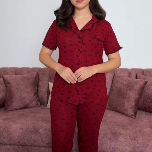 Pyjama Chemise Rouge Bordeaux  Imprimé Fleurs