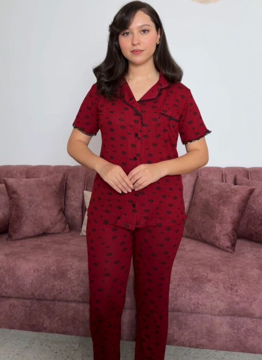 Pyjama Chemise Rouge Bordeaux  Imprimé Fleurs – Image 1