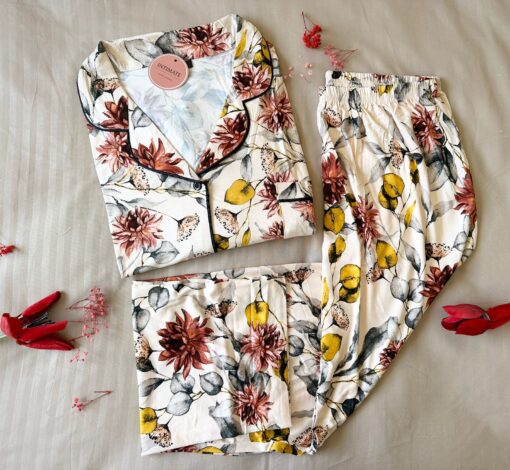 Pyjama Chemise Coton Viscose Doux  Blanc Imprimé Fleurs – Image 1