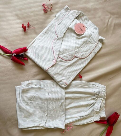 Pyjama Chemise Coton Rayé Gris Pointillé Cœurs Rose – Image 1