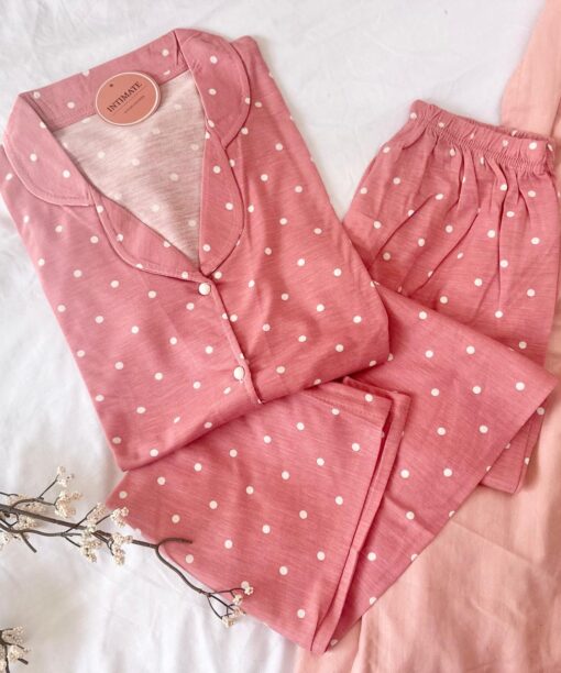 Pyjama Chemise Demi Manches Coton Rose Nude Pointillé