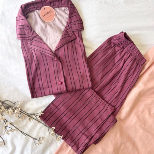 Pyjama Chemise Demi Manches Coton Rouge Rayé