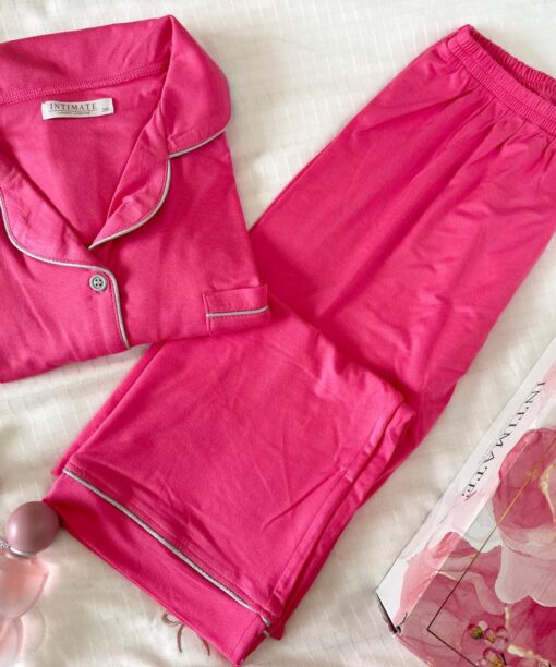 Pyjama Chemise Manches Longues Coton Rose