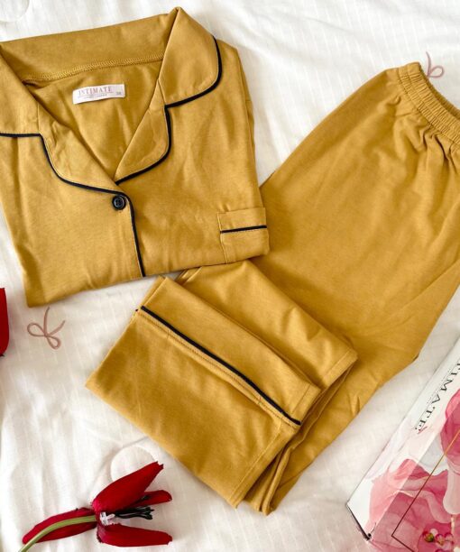 Pyjama Chemise Manches Longues Coton Jaune Moutarde