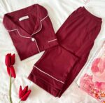 Pyjama Chemise Manches Longues Coton Rouge Bordeaux