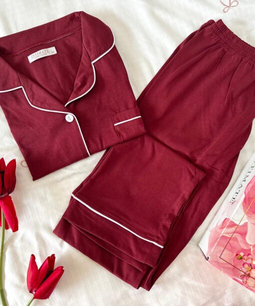 Pyjama Chemise Manches Longues Coton Rouge Bordeaux