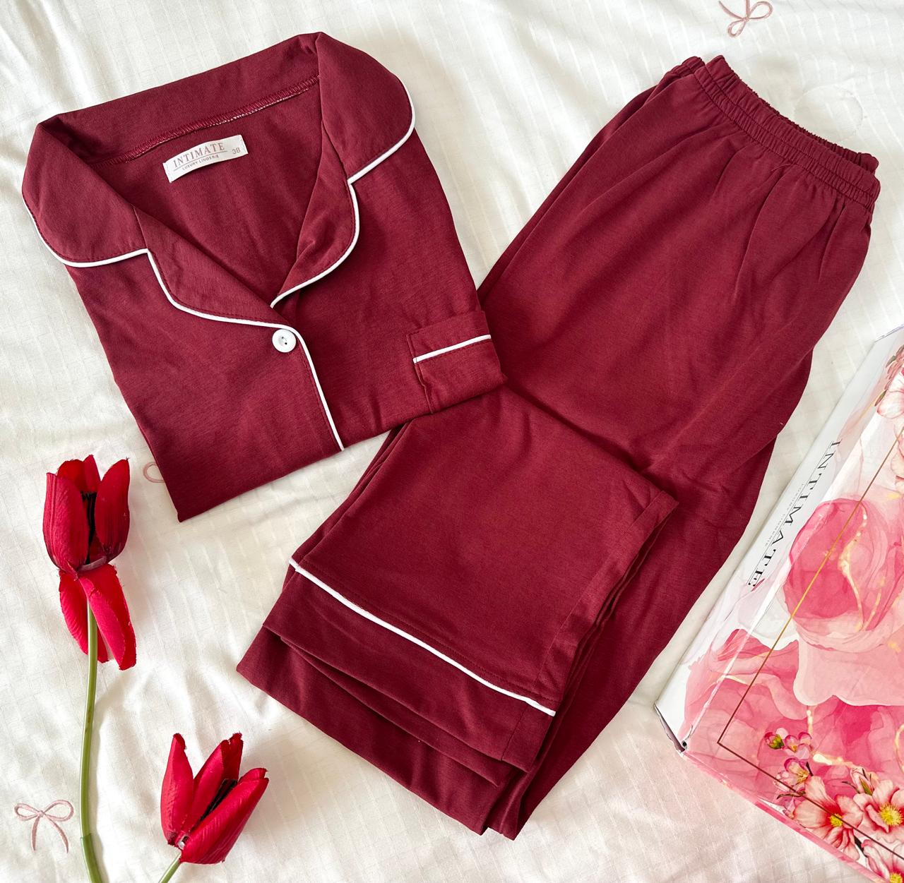 IMG-20250925-WA0031 Pyjama Chemise Manches Longues Coton Rouge Bordeaux – Image 1