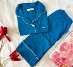 Pyjama Chemise Manches Longues Coton Bleu Turquoise