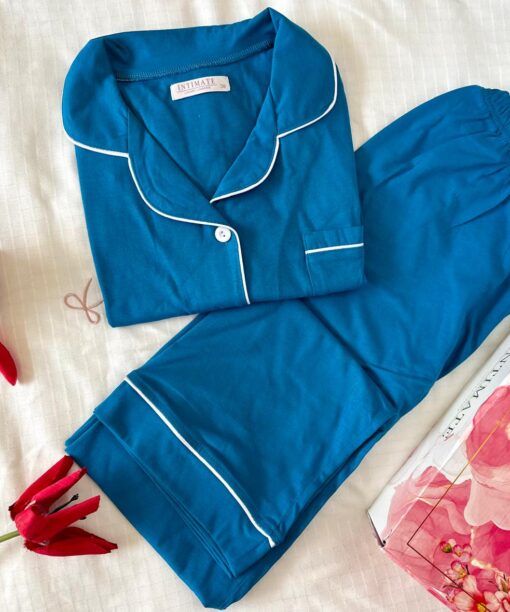 Pyjama Chemise Manches Longues Coton Bleu Turquoise