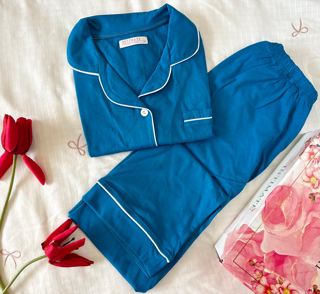 IMG-20250925-WA0043 Pyjama Chemise Manches Longues Coton Bleu Turquoise – Image 1