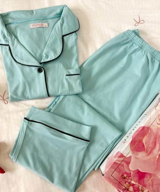 Pyjama Chemise Manches Longues Coton Vert Doux