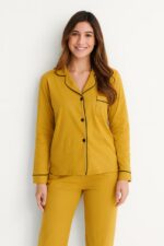 Pyjama Chemise Manches Longues Coton Jaune Moutarde – Image 2