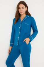 Pyjama Chemise Manches Longues Coton Bleu Turquoise – Image 3