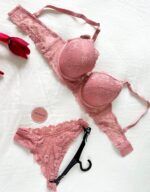 Soutien De Gorge et Culotte Dentelle Florale Rose – Image 2