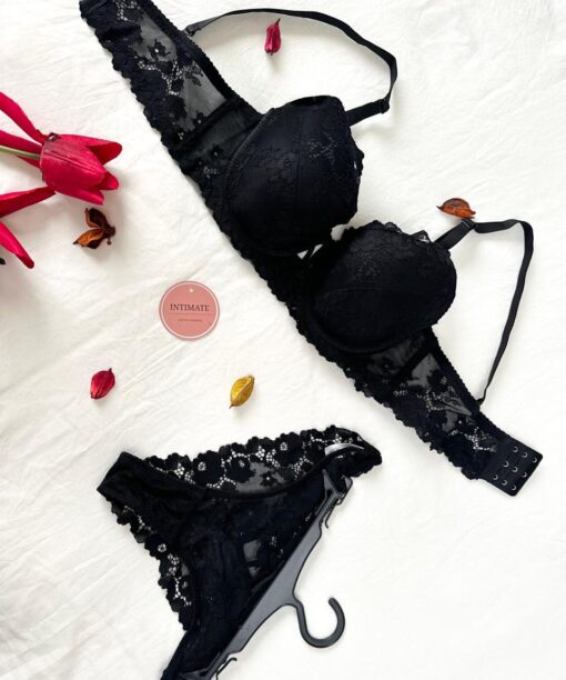 Soutien De Gorge et Culotte Dentelle Florale Noir