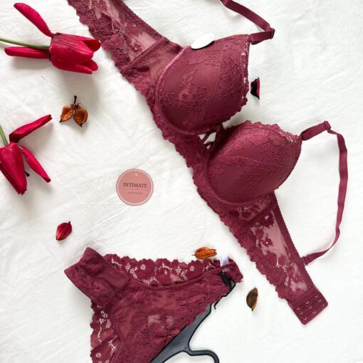 Soutien De Gorge et Culotte Dentelle Florale Rouge Bordeaux