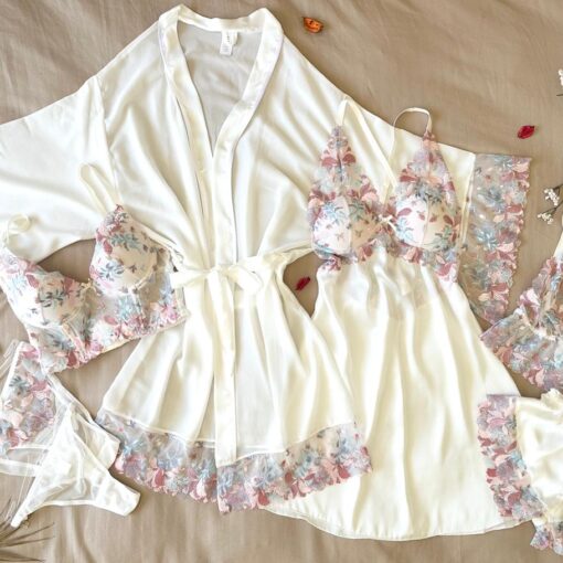 Parure Blanc Cassé 7 Pièces Satin De Soie & Dentelle Fleurie