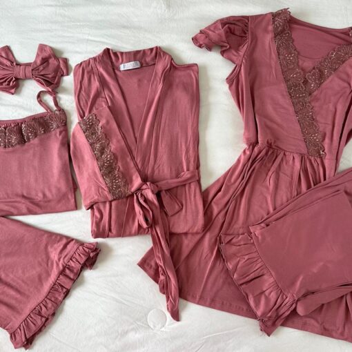 Parure Coton Viscose Vieux Rose 5 pièces & 2 Accessoires