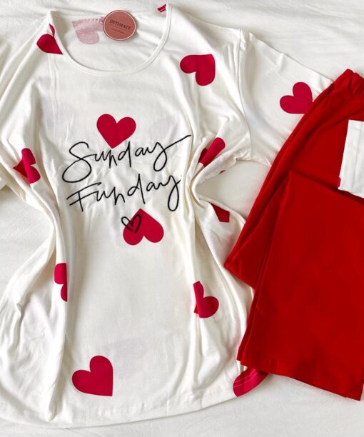 Pyjama Coton Blanc Imprimé Cœurs Rouges
