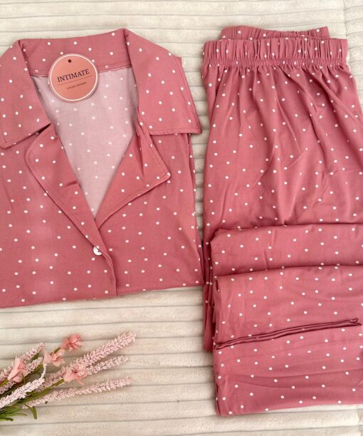Pyjama Chemise Manches Longues Rose Pointillé
