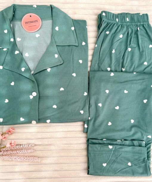 Pyjama Chemise Manches Longues Vert Doux Pointillé Cœurs