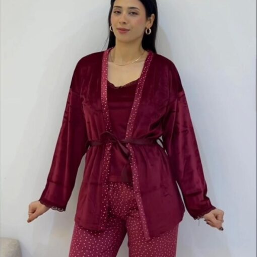 Pyjama 3 Pièces Velours Soft Rouge Bordeaux  Pointillé