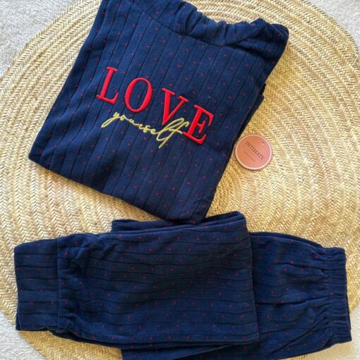 Pyjama Polaire Capuche Bleu Marine Love Yourself