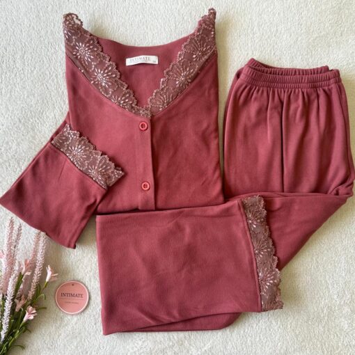 Pyjama Chemise Velours Soft & Dentelle Rose Nude